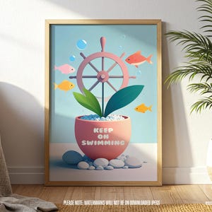 May include: A framed art print featuring a whimsical nautical scene. A pink ship's wheel and colorful fish swim above a pink pot with the words "Keep on Swimming." The artwork has a light blue background and a wooden frame.