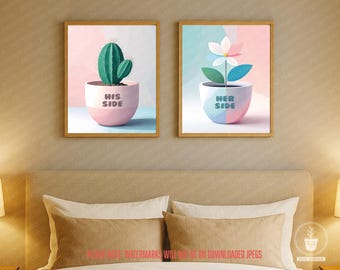 Láminas divertidas de pareja: Arte de dormitorio con cactus y macetas (juego de 4) (Descarga digital)