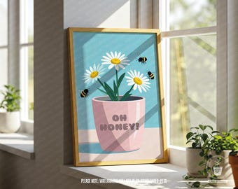 Oh Honey! Digital Print – Daisy Flower Pot with Bees, Cute Wall Art, Printable Nature Decor, Gift for Her, Instant Download Artwork - Bees
