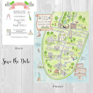 Tarjeta para guardar la fecha, mapa de boda personalizado, mapa dibujado a mano, mapa de acuarela, bolsa para invitados, boda de destino, ciudad de Nueva York, mapa de boda