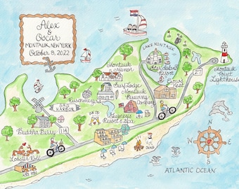 Mapa de boda en acuarela de Montauk - Mapa de boda dibujado a mano - Mapa personalizado, hecho a pedido digital,