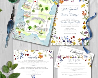 Mapa de boda personalizado en acuarela e invitación: archivos digitales dibujados a mano