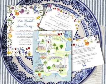 Mapa de boda en acuarela: Conjunto de invitaciones personalizadas dibujadas a mano (archivos digitales)