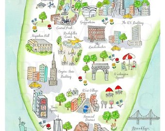 New York City Map Digitale, handgemalte Aquarell Karte von New York City, Map Template mit beliebten Sehenswürdigkeiten zum Drucken.