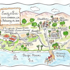 Mapa de boda personalizado, Santa Bárbara, CA. Mapa de boda dibujado a mano. Mapa de acuarela. Plantilla de descarga digital de mapa de acuarela. Mapa para guardar la fecha.