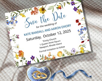 Plantilla de flores silvestres para guardar la fecha: Boda floral editable (descarga digital)