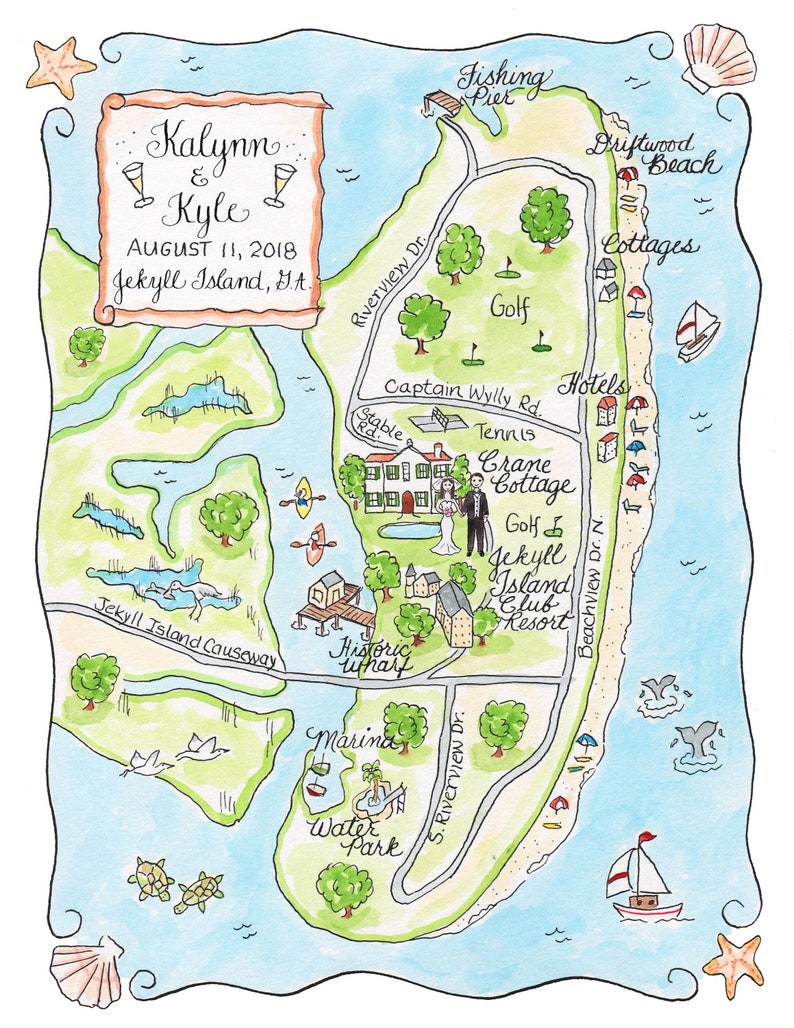 Custom Wedding Map - Watercolor Map of Jekyll Island - Etsy