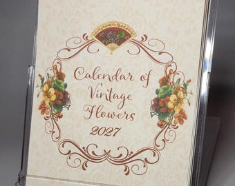 Desk Calendar of Vintage Flowers with Floral Images of the 12 months of the year in a CD Stand Up Case