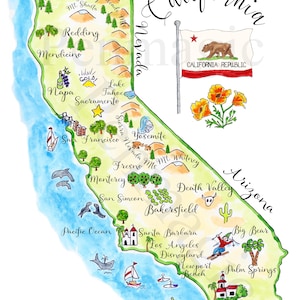 Mapa digital de California, mapa de California en acuarela, mapa de California dibujado a mano, plantilla de mapa para imprimir, mapa de sitios populares de California
