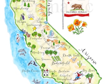 Mapa digital de California, mapa de California en acuarela, mapa de California dibujado a mano, plantilla de mapa para imprimir, mapa de sitios populares de California