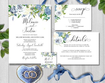 Blue Roses Wedding Invitation Template: Editable Floral Suite (Digital Download)