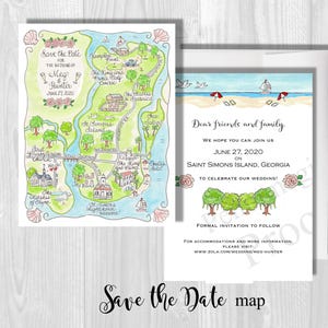 Save the Date Karte, Hochzeitskarte, handgezeichnete Karte, Aquarell Karte, Hochzeitskarte, Hochzeitskarte, Hochzeitskarte, St. Simon Insel, Hochzeitskarte, Hochzeitskarte