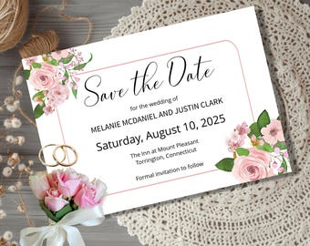 Pink Roses Save the Date Template: Floral Wedding Invitation (Digital Download)
