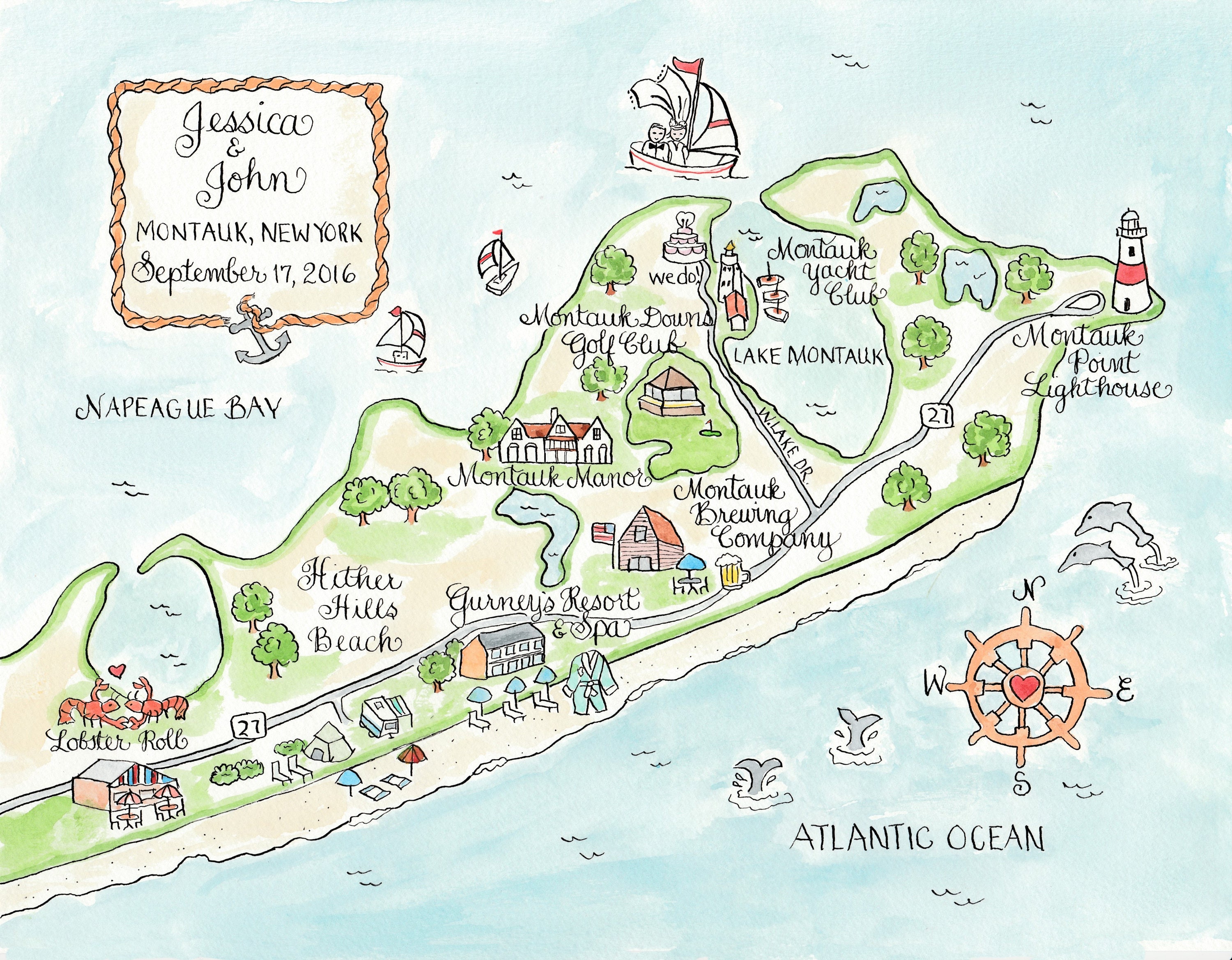 Montauk On A Map Custom Wedding Map Montauk Hand Drawn Wedding | Etsy Uk
