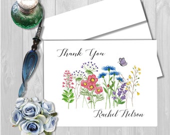 Personalized Wildflower Watercolor Thank You Cards: Wedding, Shower, or Gift