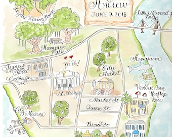 Mapa de boda personalizado - Mapa de acuarela - Charleston, con guión de caligrafía, hecho a pedido digital,