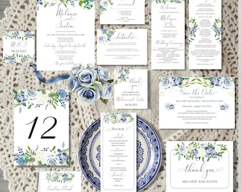 Blaue Rosen Hochzeitseinladung: Bearbeitbare Blumenvorlagen (digital)