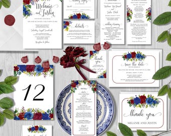 Burgundy Roses Wedding Invitation Suite: Editable Floral Templates (Digital)