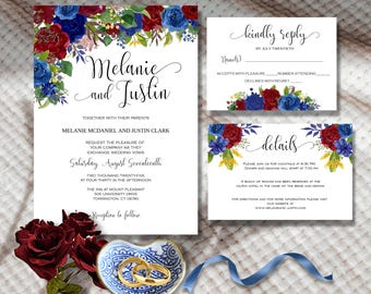 Burgunder Rosen Hochzeitseinladung: Bearbeitbare Blumenvorlage (Digitaler Download)