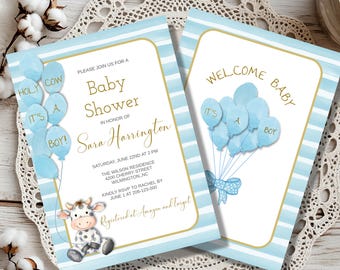 Baby Cow Blue Balloon Baby Shower Invitation (Digital Download)