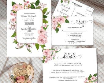Blush Pink Roses Wedding Invitation Template Suite (Digital Download)