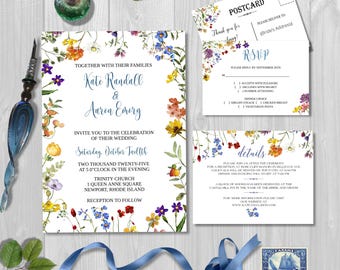 Invitación de boda con flores silvestres: Plantilla editable (descarga digital)