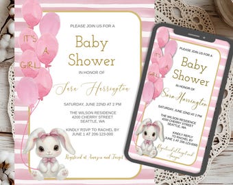 Pink Bunny Baby Shower Invitation: Editable Girl Invite (Digital Download)