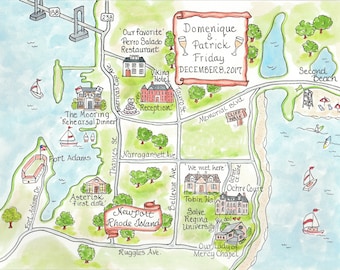 Mapa de boda personalizado de Newport, RI: acuarela dibujada a mano (plantilla digital)