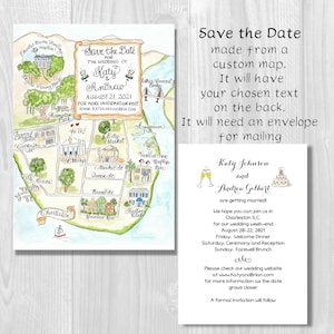 Tarjeta para guardar la fecha, mapa de boda personalizado, mapa dibujado a mano, mapa de acuarela, bolsa para invitados, boda de destino, Charleston, mapa de boda