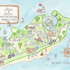Custom Wedding Map of Montauk, Guest Bag Map, Watercolor Wedding, Wedding map template, hand drawn wedding map, digital map, Save the Date