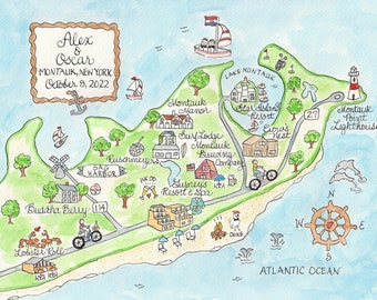 Custom Montauk Wedding Map: Hand-Drawn Watercolor Guest Bag (Digital)