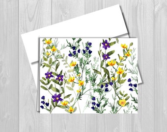 Wildflower Notecard Set: Blue & Yellow Floral Cards with Envelopes