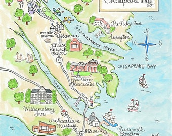 Watercolor wedding map, Custom Map of  Williamsburg  - Hand Drawn Wedding Map-Watercolor Map with 12 illustrations