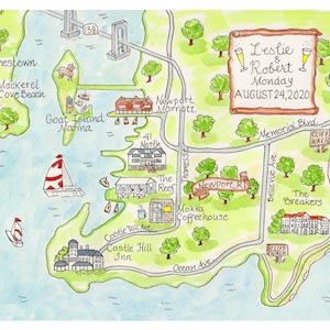 Hand Drawn Wedding Map-Watercolor Map, Custom Wedding Map, Save the Date map, Watercolor Map digital Download, Map of Newport Template
