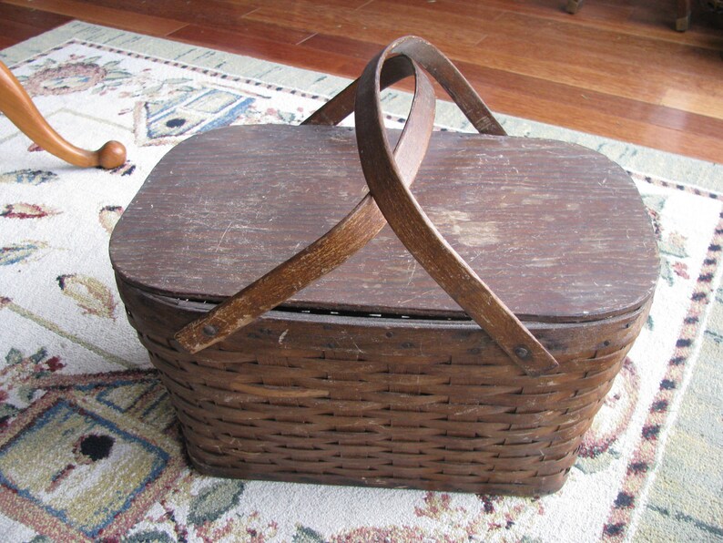Vintage Wooden Picnic Basket Primative Farmhouse Country Photo Etsy