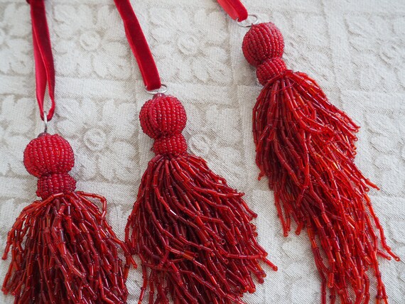 Vintage Bead Tassels Set Of 3 Burgundy Red Bead Tassels Etsy