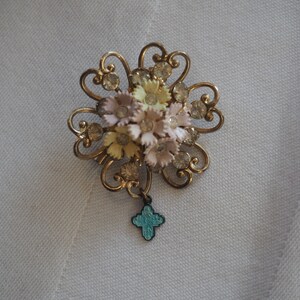 Vintage Flower Brooch/ Religious Metal tag