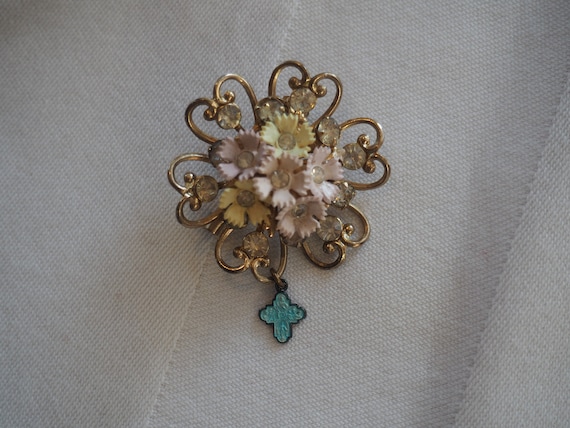 Vintage Flower Brooch/ Religious Metal tag - image 1