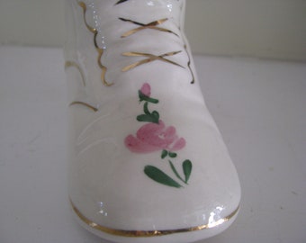 Vintage Ceramic Baby Shoe Planter: White with Pink Flower