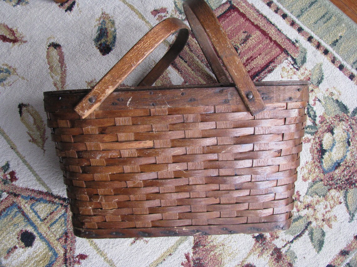 Vintage Wooden Picnic Basket Primative Farmhouse Country Photo Etsy