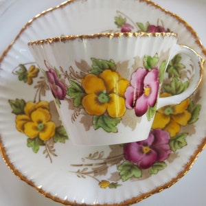 Salisbury Teacup and Saucer, Crown Bone China, Pansy Pattern 1878