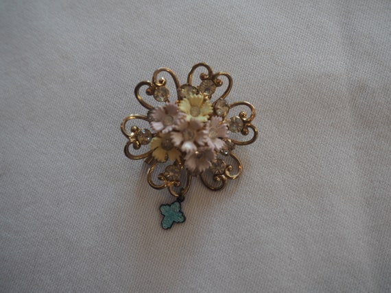 Vintage Flower Brooch/ Religious Metal tag - image 3