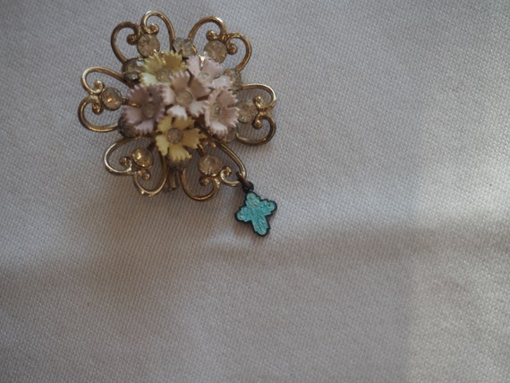 Vintage Flower Brooch/ Religious Metal tag - image 6