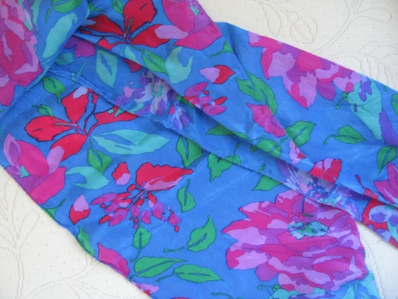 Vintage Bright  Blue and Pink Long Floral Scarf  … - image 1