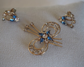 Vintage Blue and Clear Crystal Brooch and Earring Set   Art Deco