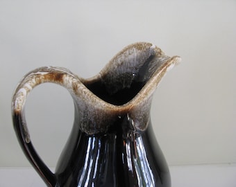 Vintage Brown and Cream Drip Glaze Pottery Pitcher  Country Decor American country