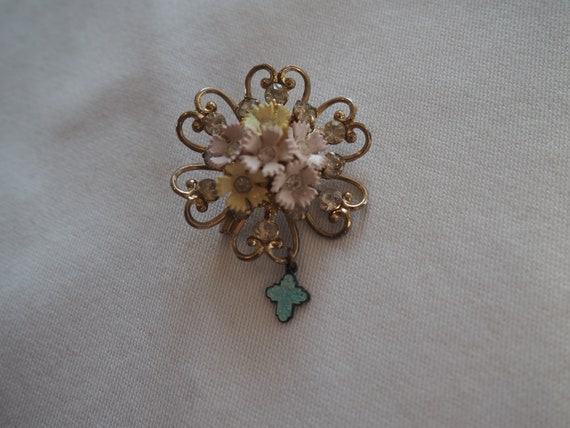 Vintage Flower Brooch/ Religious Metal tag - image 4