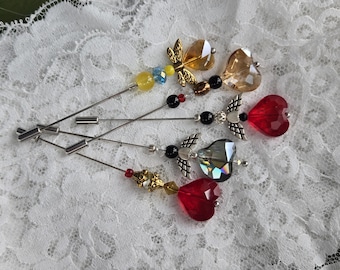 Handmade Valentine Heart Hat Pin: Crystal & Wing Stick Pin