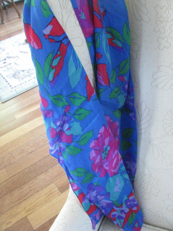 Vintage Bright  Blue and Pink Long Floral Scarf  … - image 3