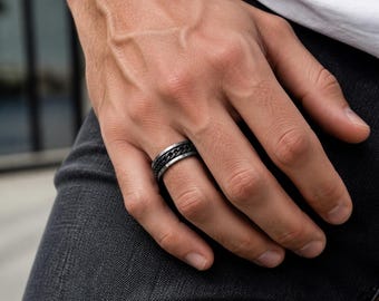 Bague homme argent chaîne noire – bijou homme original, bague pour homme moderne, cadeau homme anniversaire, cadeau pour lui